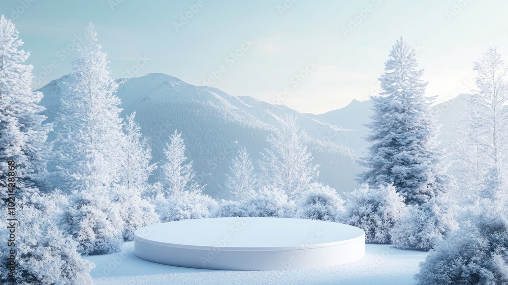 Poster abstract winter landscape featuring a product display podium 3d rendering