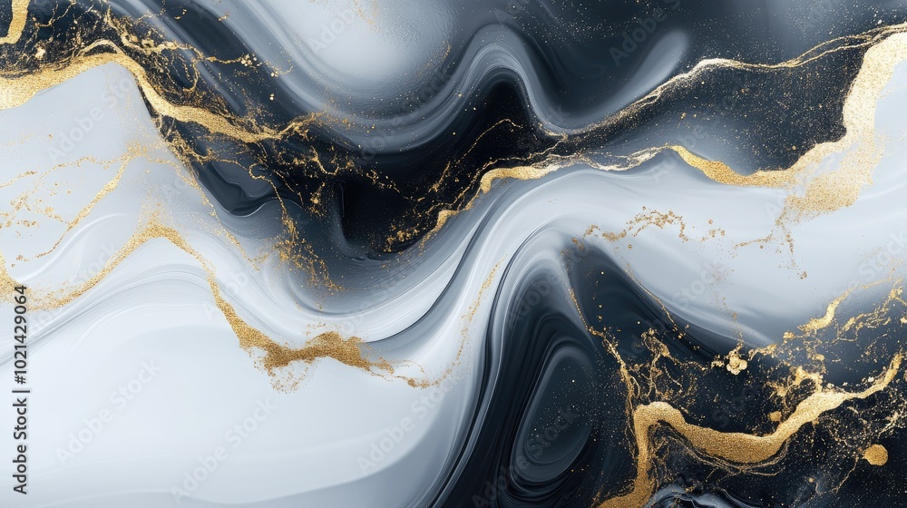 Poster abstract marble background design with luxury wave fractal textures in golden black and white fluid 