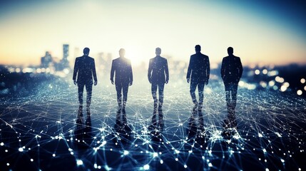 Silhouettes of Businessmen Walking on a Network of Lines and Lights