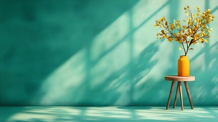 Minimalist 3D studio scene with mint green background and empty floor and wall  Sunlit product podium display with window shadow overlay across countertop