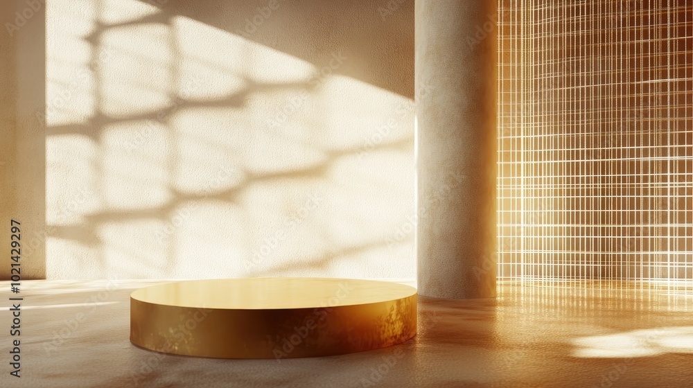 Aufkleber 3D rendering of an abstract geometric background featuring a cylindrical podium minimalistic primitive shapes and a modern mock up with a gold metal grid mesh ideal for an empty showcase or shop d