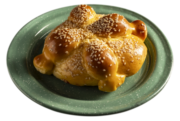Pan de muerto para la ofrenda tradicional mexicana, con ajonjolí sobre un plato de peltre color verde. Aislado con fondo transparente o sin fondo. Iluminación dramática.