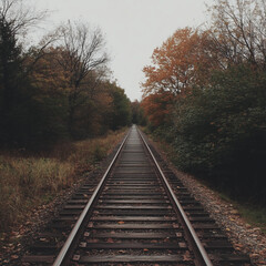 Fototapeta premium A long, straight train track disappears into the autumn forest.