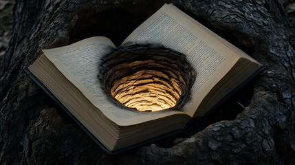 A glowing hole in the middle of an open book lying on a tree trunk.
