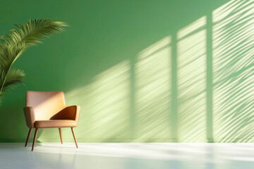 Fototapeta premium Minimalist living room with green wall and shadows featuring a cozy armchair and palm plant
