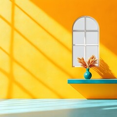Elegant 3D product studio setting featuring a mustard yellow backdrop empty floor and wall with a window shadow cast on the countertop  Illustrated mockup with soft