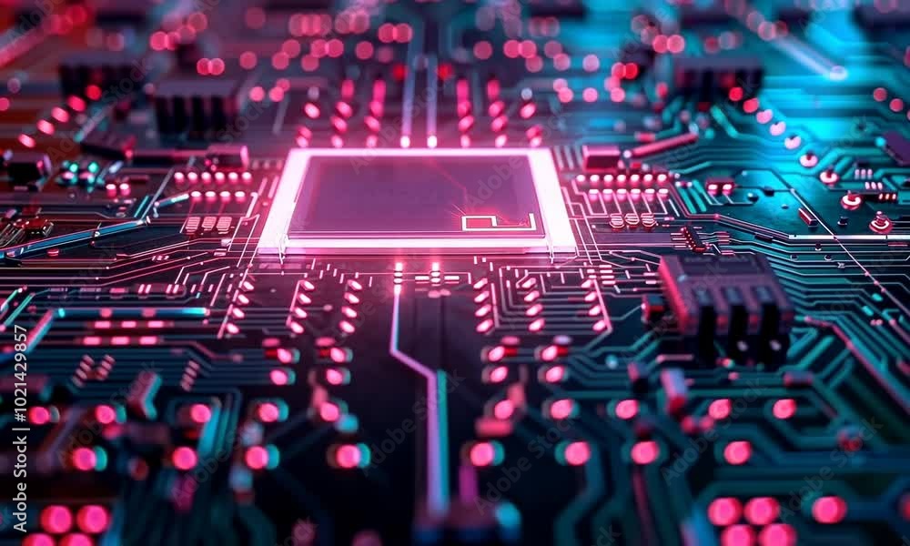 Poster a close up of a computer chip with a red glow video