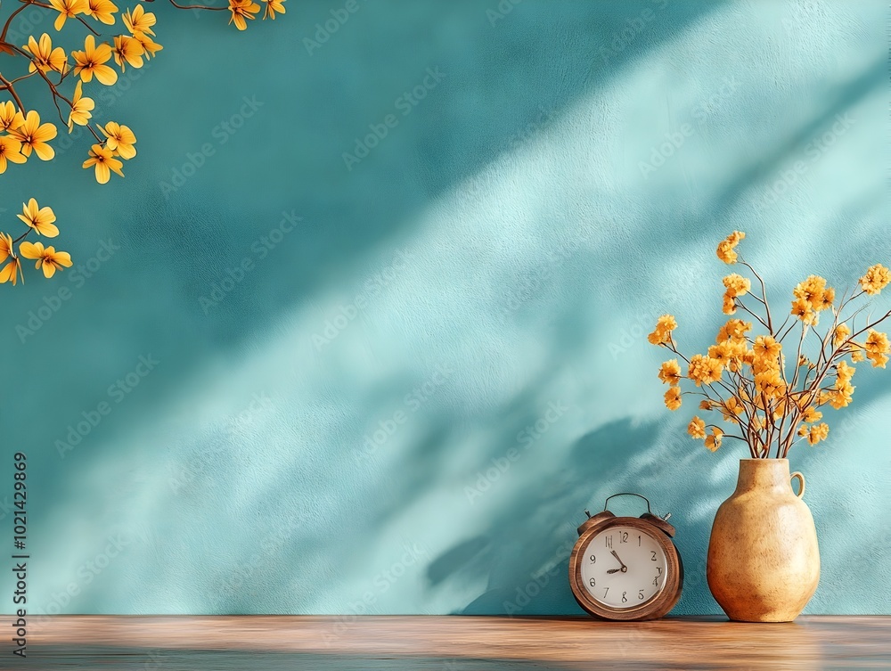 Poster minimal and clean 3d product studio scene with blue grey background wall simple table and natural wi