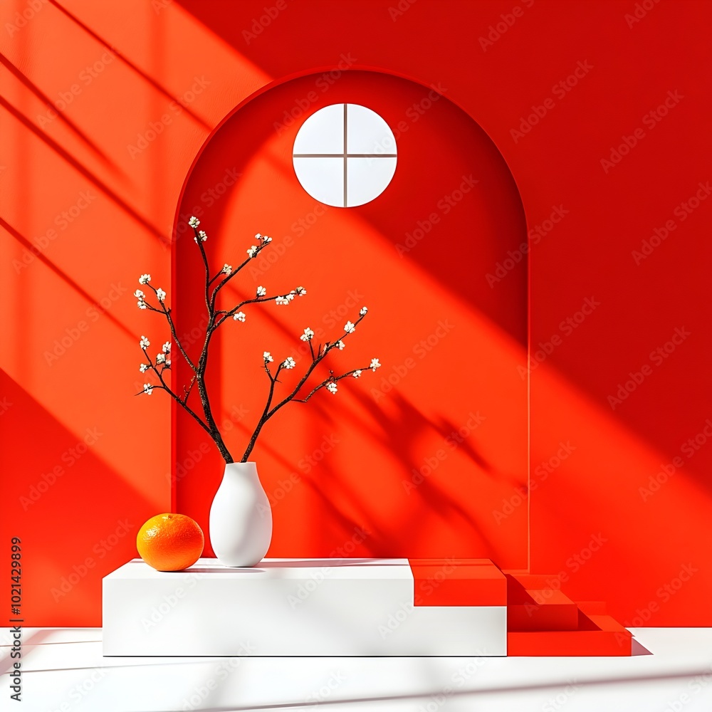 Poster minimalist 3d product display studio with a clean red seamless backdrop empty white floor and walls 