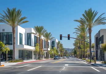 Obraz premium a city street in front of buildings and palm trees on both sides, in Los Angeles, California, on a sunny day The scene features a white building, commercial real estate Generative AI