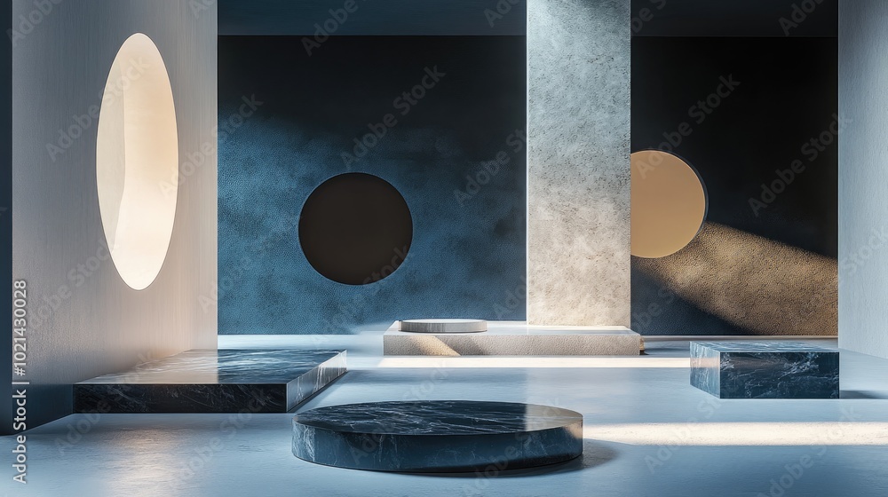Aufkleber 3D rendering of a studio featuring geometric shapes and a podium Platforms designed for product showcasing with a mock up background Abstract composition in a minimalistic style