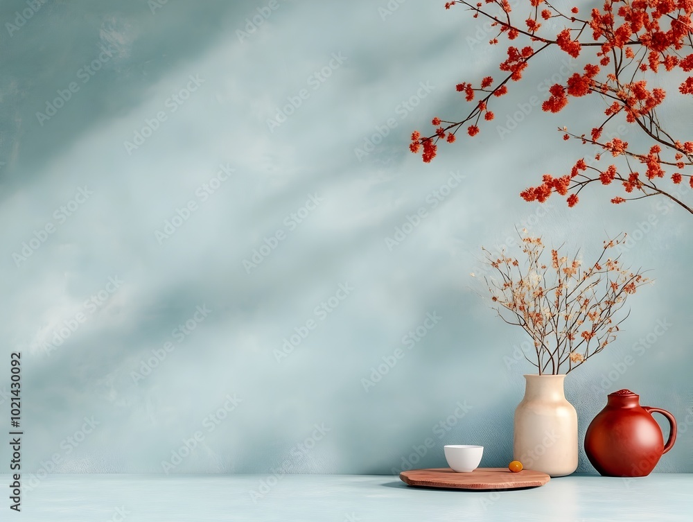 Poster elegant 3d product studio scene with blue grey wall minimal floor and table window light casting sof
