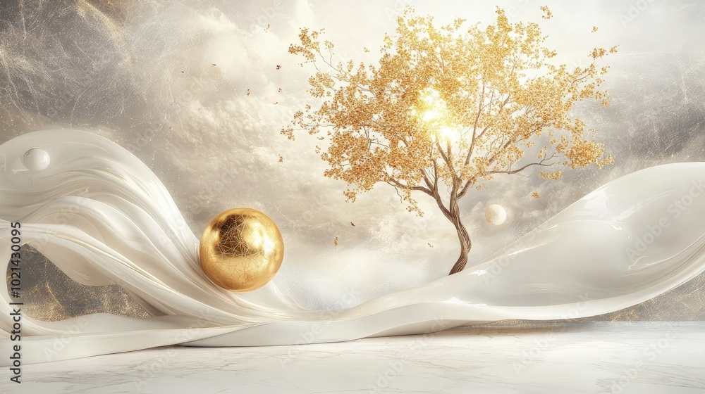 Poster 3d wallpaper mural featuring a golden tree with a golden sphere against an abstract light backdrop