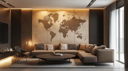 Modern living room featuring a world map mural and stylish furniture.