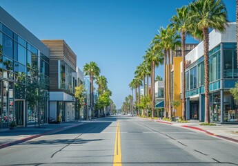 a street in Santa Monica, California, with modern buildings and palm trees on the right side of an empty road Generative AI