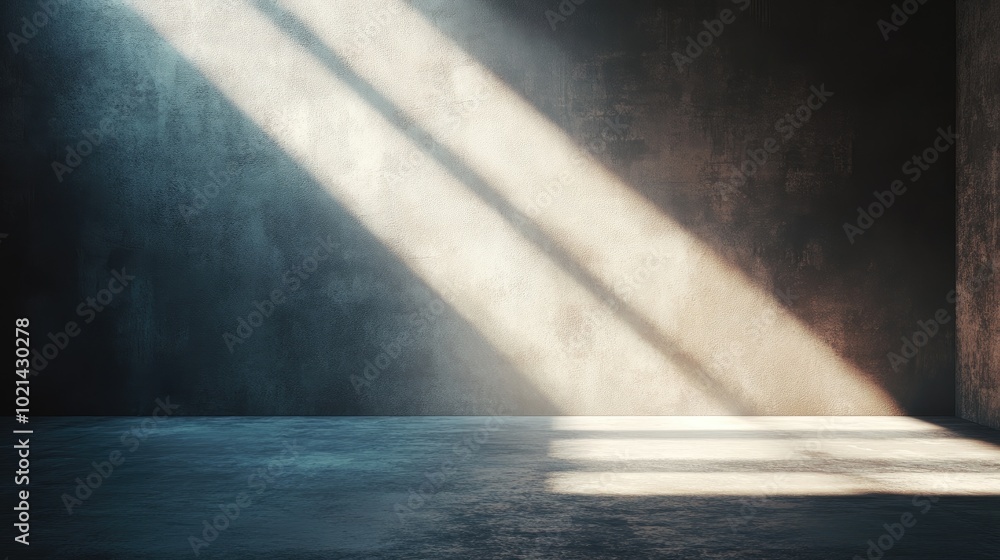 Aufkleber Abstract backdrop featuring a mock up scene with light rays and shadows cast on the wall and floor designed for product presentation 3D rendering