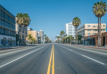a street in Santa Monica, California, with modern buildings and palm trees on the right side of an empty road Generative AI