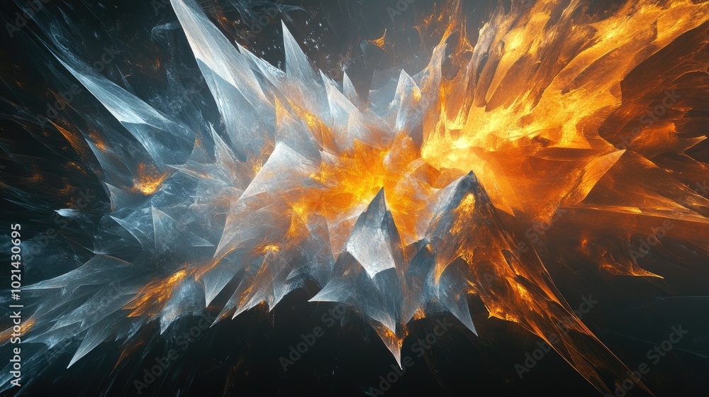 Poster abstract fantasy shapes of flame and fractured ice on a black backdrop computer generated fractal ar
