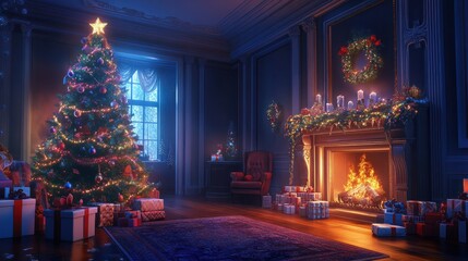 Fototapeta premium interior christmas. magic glowing tree, fireplace, gifts