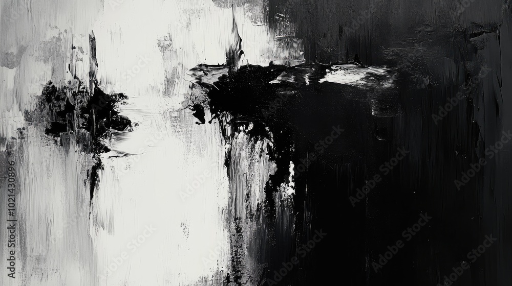 Poster black and white abstract painting featuring distinct elements and textures