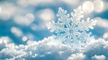 冬季雪地上一片晶莹剔透的雪花特写