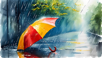 A red and yellow umbrella sits in a puddle on a rainy street with sunshine breaking through the clouds