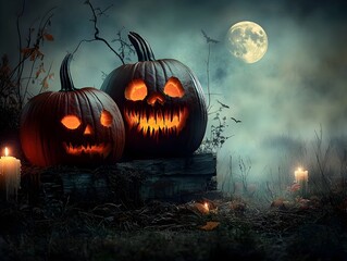 Carved Halloween pumpkins with ominous glowing expressions flickering candlelight illumination full moon casting long shadows across an overcast autumnal night sky in a rustic rural field setting