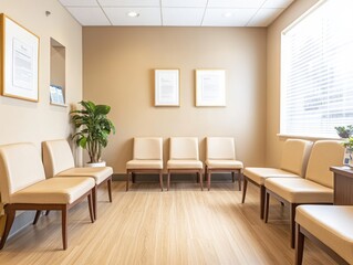Beige walls, neutral-toned seating, and wooden floors in a minimalist waiting room, offering a warm and modern environment