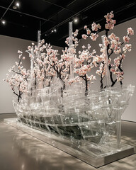 A crystal ship adorned with delicate pink blossoms.