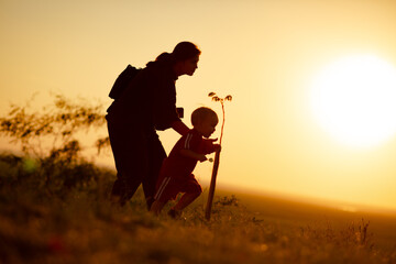mom holding son hand walking in field silhouette at sunset in nature. happy family walking on nature, lifestyle concept
