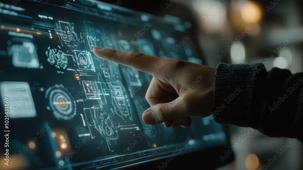 Poster a hand interacts with a futuristic interface on a monitor, navigating through various digital elemen