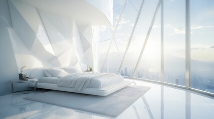 White modern bedroom overlooking city skyline.