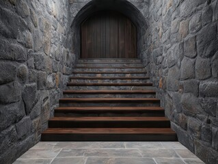 Obraz premium 3D render of a staircase with stone steps leading down to a hidden wine cellar, hidden staircase, luxury home feature