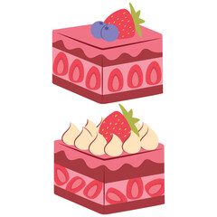 Slice of strawberry cake. Strawberry shortcake and whipped cream. A piece of cake for happy birthday.Sweet dessert.