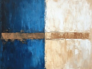 Abstract wall painting featuring a modern design in three colors blue brown and beige ideal for enhancing interior backgrounds