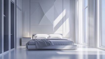 Modern white bedroom with a bed and window.