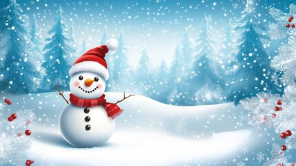 Merry christmas and happy new year greeting card with copy-space.Happy snowman standing in christmas landscape.Snow background.Winter fairytale.