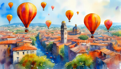 Obraz premium A watercolor painting of a vibrant cityscape with a cluster of hot air balloons soaring overhead