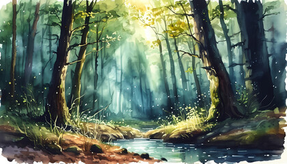 Fototapeta premium A watercolor painting of a sunlit forest with a winding stream, lush greenery, and ethereal light