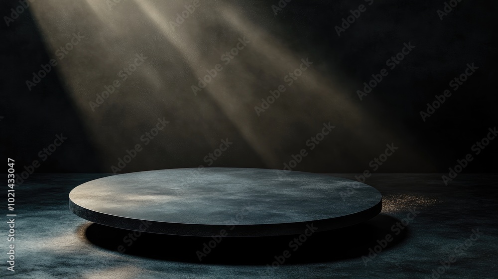 Poster 3D render of a minimalist round matte black table top set against a dark backdrop with a spotlight ideal for showcasing men s products Space for templates presentations and exhibitions