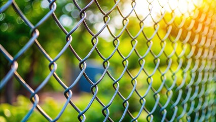Fototapeta premium Close-up of a chain-link fence with a blurred background of green foliage and sunlight shining through