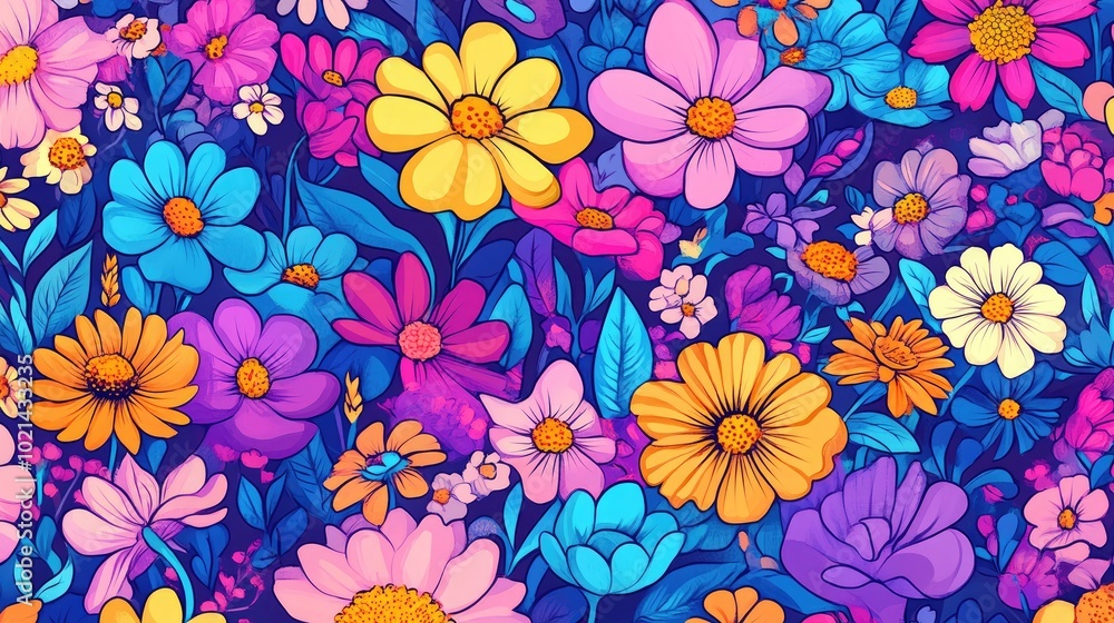 Aufkleber a seamless pattern featuring various fantasy flowers in an abstract style against a vibrant backdrop