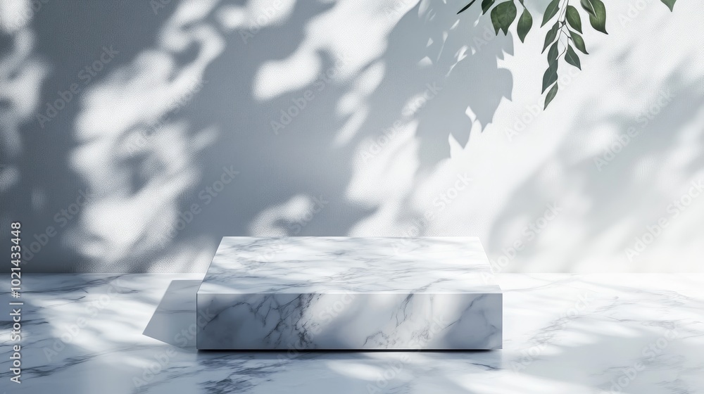Poster 3D abstract interior featuring a realistic white marble square pedestal with leaf shadow overlay Minimalist design setup for product display presentation Geometric platform 3D rendering