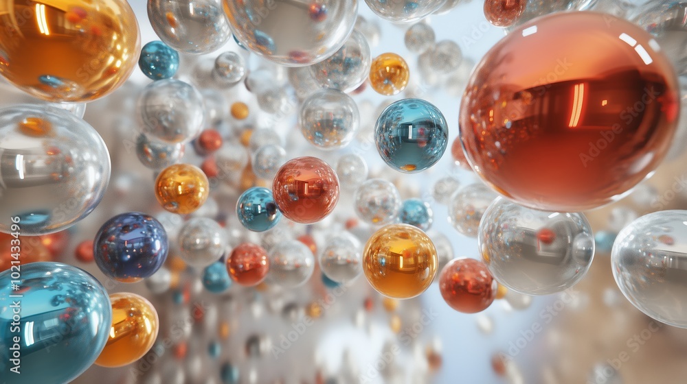 Poster colorful abstract spheres floating in a dynamic arrangement against a soft, blurred background