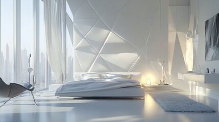 White minimalist bedroom with city view.