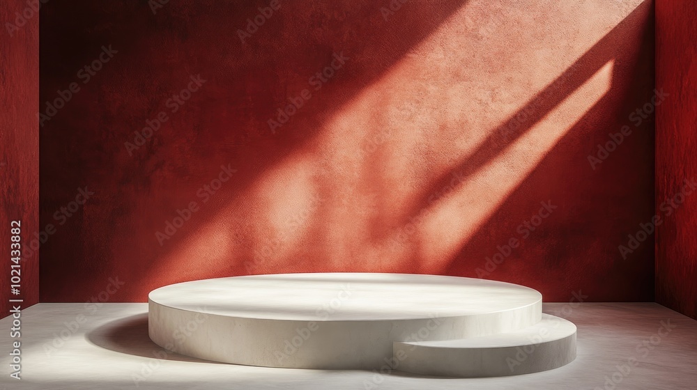 Poster Circular stand and staircase bathed in natural light on a red background mockup podium for product showcasing 3D rendering