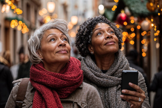 A couple of two women stand on a busy street with Christmas lights.