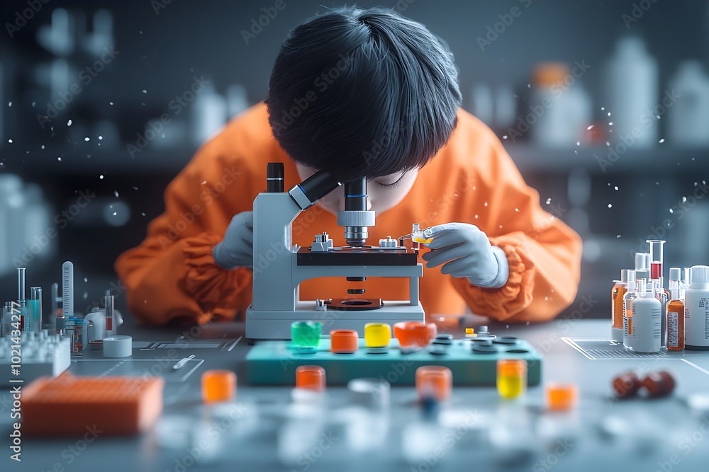 Poster focused researcher in a sterile laboratory environment precisely pipetting a colorful reagent while 