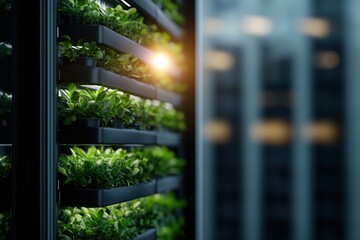 Vertical farming with lush green plants thriving in a modern urban environment, showcasing sustainable agriculture innovation.