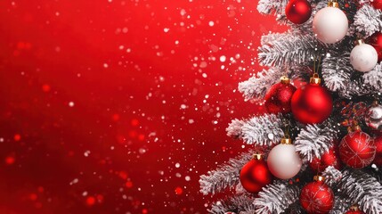 red Christmas tree with red and white balls, xmas background concept with advertising space for text